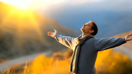 Man standing under sunlight after long illness, hope and renewal concept, blurred background, with copy space