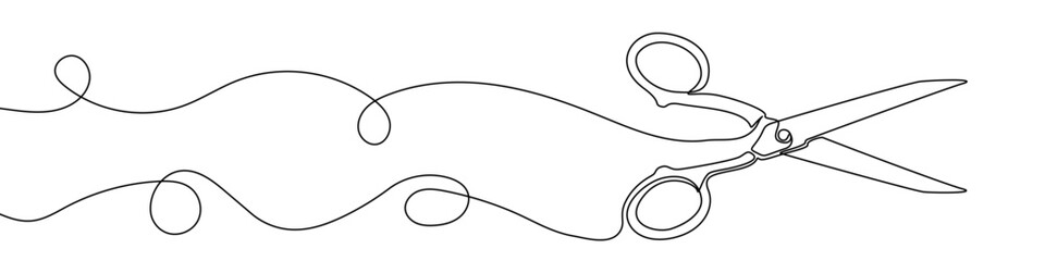 Scissors standing in an open position in continuous one line art style. Tool sketch with editable black stroke on white background. Vector illustration.
