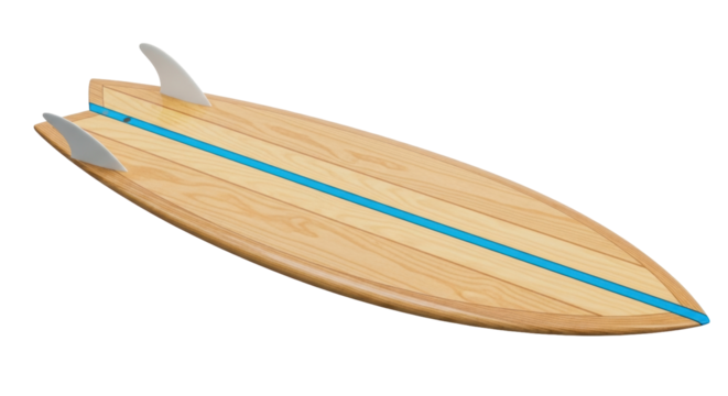 Isolated Wooden Surfboard with Blue Stripe, Sporting Lifestyle and Aquatic Recreation Object