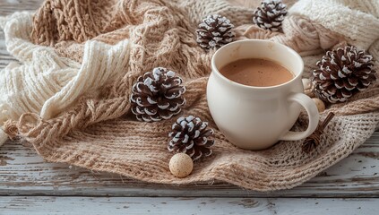 Cozy winter scene with coffee cup pine cones and knitted blanket for relaxation time