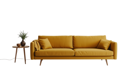 Stylish mustard yellow sofa with side table isolated on transparent background, perfect for interior design, home decor, or furniture showcases