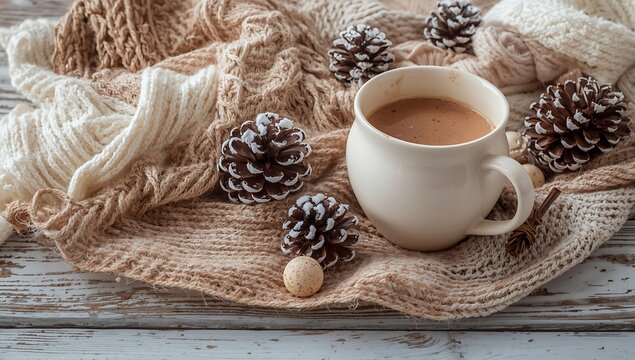 Cozy winter scene with coffee cup pine cones and knitted blanket for relaxation time