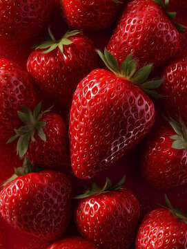 a pile of strawberries, red in color, in an ultra-realistic photographic style, against a solid background, with bright lighting, and a close-up shot from above. the entire picture is filled with stra