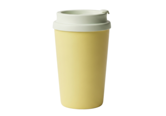 Isolated reusable yellow travel mug with lid for hot beverages and cold drinks, zero waste