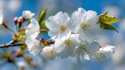 A branch of white cherry blossoms with green leaves
