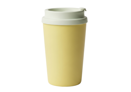 Isolated reusable yellow travel mug with lid for hot beverages and cold drinks, zero waste