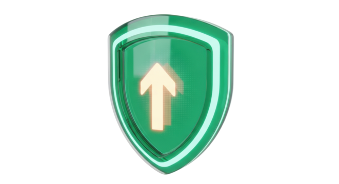 Isolated emerald shield displaying a glowing upward arrow, indicating security upgrades