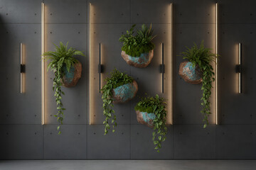 Indoor wall with plants in pots and vertical lights.