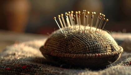 Close-up of a small, round cushion with multiple pins stuck upright in its textured surface. Soft light creates shadows