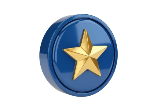 Isolated award button with gold star, quality badge, five-point rating, competition seal