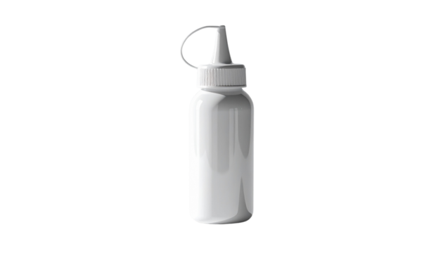 Isolated white plastic squeeze bottle with nozzle cap, ideal for diverse liquid product packaging mockups and design presentations, offered as a transparent background png image