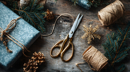 Festive Christmas craft concept with scissors, wrapping paper, twine and ribbon forming playful frame 