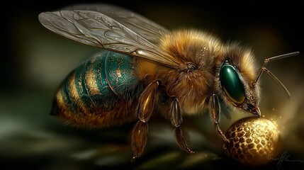 Detailed Macro Shot of a Honey Bee with Pollen.