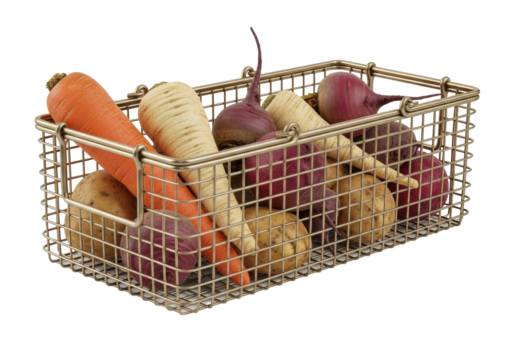 Isolated raw root vegetables arranged in a metal wire basket, healthy food ingredients