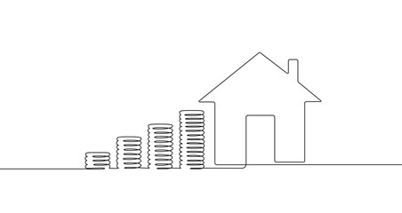 House and growing bar chart of coins connected by one continuous line. Symbol of real estate investment, increasing property value, and financial planning. Vector illustration.