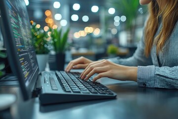 Employee focused on typing at desk in corporate environment