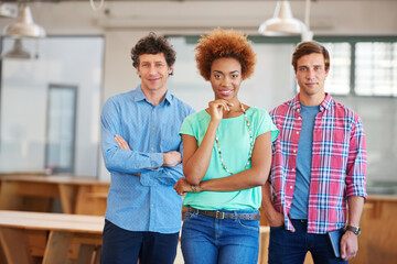 Team, smile and portrait of business people in office for solidarity, interior designer and pride. Confidence, creative collaboration and about us with employees in startup agency for support