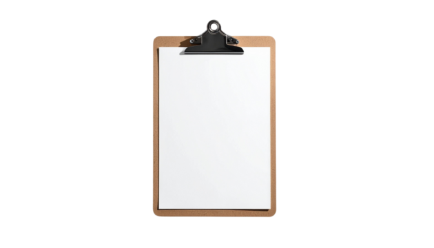 Blank clipboard with white paper on white background, ideal for notes and lists, available as png