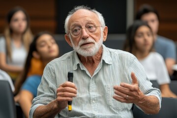 Older professor lecturing to college students in classroom