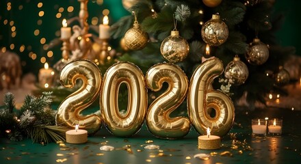 Golden balloons spelling out the year two thousand twenty six with christmas decorations around it