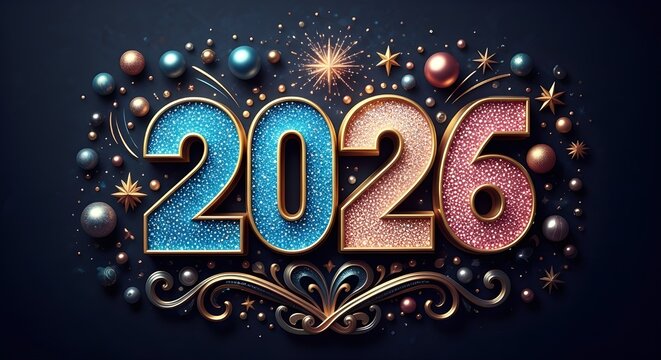 A festive new year celebration design featuring the year two thousand and twenty six in glitter - Powered by Adobe