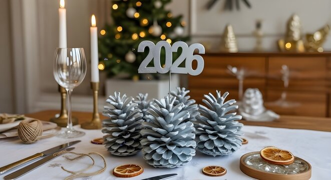 Festive table setting with pine cones and year numerals for celebration of the upcoming year