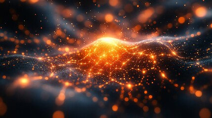 Obraz premium Glowing Particle Landscape Abstract Orange Light on Dark Wavy Surface with Bokeh.