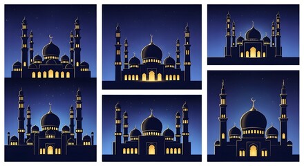 Illuminated islamic mosques silhouetted against a night sky