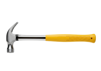 Isolated hammer with chrome metal head and yellow handle, nail puller home repair carpentry work