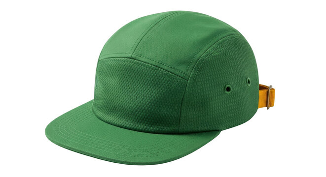 Isolated green five-panel hat for men, fashion baseball cap with adjustment strap at back