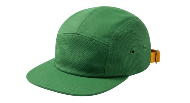 Isolated green five-panel hat for men, fashion baseball cap with adjustment strap at back