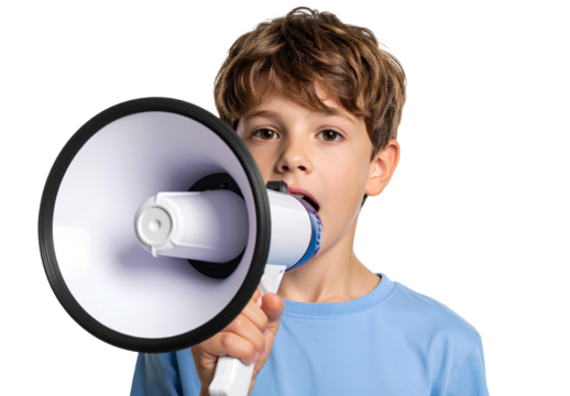 Young boy using megaphone on transparent background shouting announcement looking ahead wearing blue t shirt casual clothing isolated