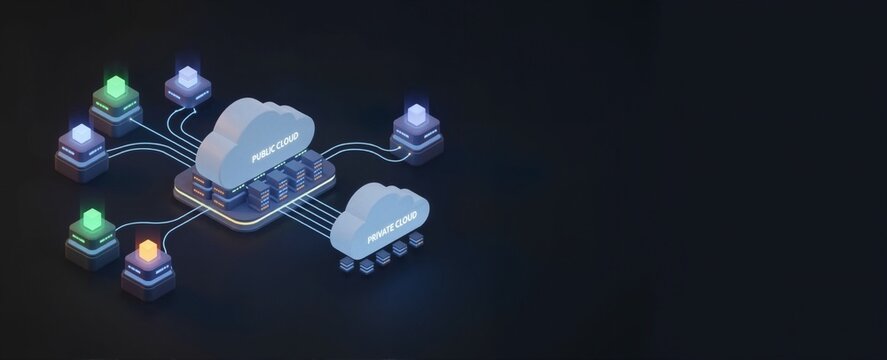 3D isometric illustration of hybrid cloud architecture with public and private servers. Digital network infrastructure diagram with glowing data connections on dark background. Copy space