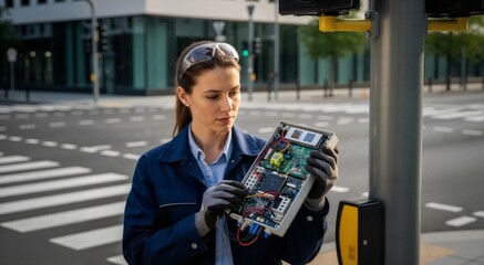 Female engineer inspecting IoT device near traffic light. Technician checking electronic circuit board for smart city infrastructure maintenance