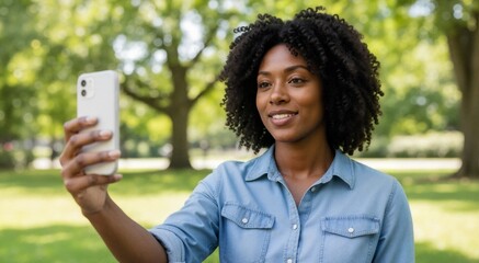 Happy African American woman making a video call on a smartphone in a park. Young black female taking a selfie outdoors with green nature background. Mobile communication and 5G network concept