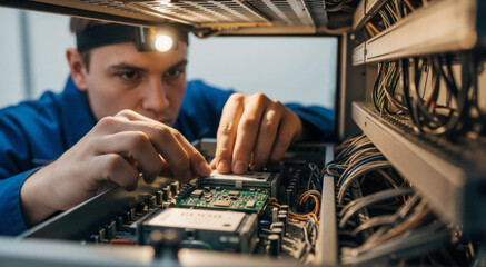 Male technician repairing server hardware in data center. Engineer with headlamp configuring edge computing node cabinet