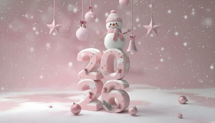 A pink christmas scene with a snowman on top of the year and hanging ornaments and falling snow