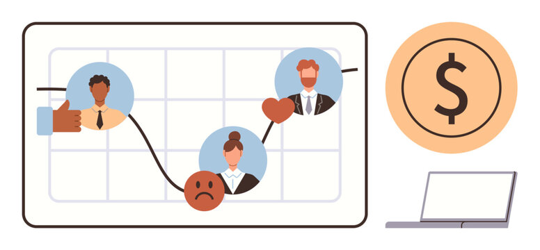 Performance graph with human emotions, team collaboration, financial growth, and goal-oriented strategy. Ideal for productivity, workplace analysis, business trends, leadership, data visualization