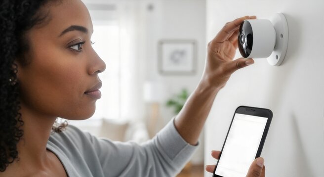 Young Black woman installing smart security camera on a white wall. Female holding smartphone with blank screen for app mockup. Home safety and IoT concept