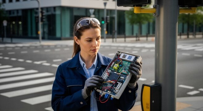 Female engineer inspecting IoT device near traffic light. Technician checking electronic circuit board for smart city infrastructure maintenance