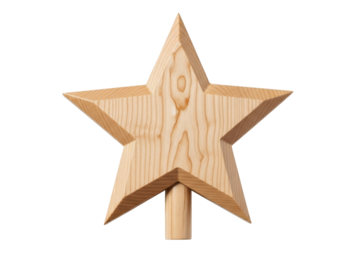 Isolated wooden star Christmas tree topper, woodgrain texture, rustic charm and handcrafted design