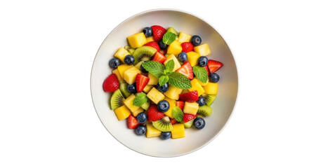 Isolated fruit salad in bowl, healthy refreshing snack with mango, kiwi, berries & mint
