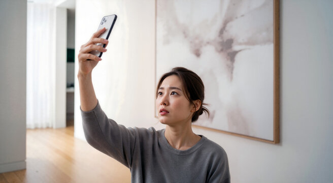 Young Asian woman holding smartphone up searching for signal in modern home hallway. Frustrated female checking weak Wi-Fi connection or mobile network reception