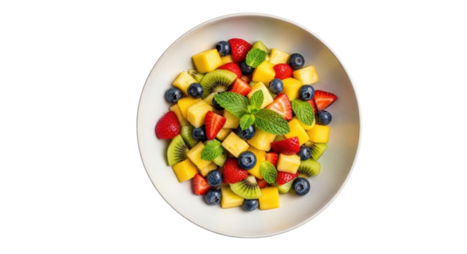 Isolated fruit salad in bowl, healthy refreshing snack with mango, kiwi, berries & mint