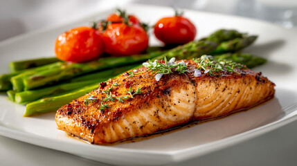 A delicious, perfectly grilled salmon fillet with asparagus and cherry tomatoes