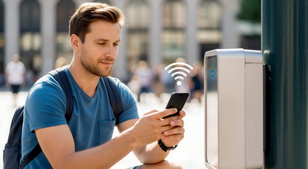 Young male tourist connecting to public Wi-Fi in a city plaza. Man using smartphone near a wireless internet hotspot box. Smart city and 5G network concept