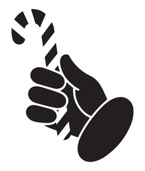 Hand holding a candy cane simple black and white vector illustration perfect for holiday designs and festive graphics