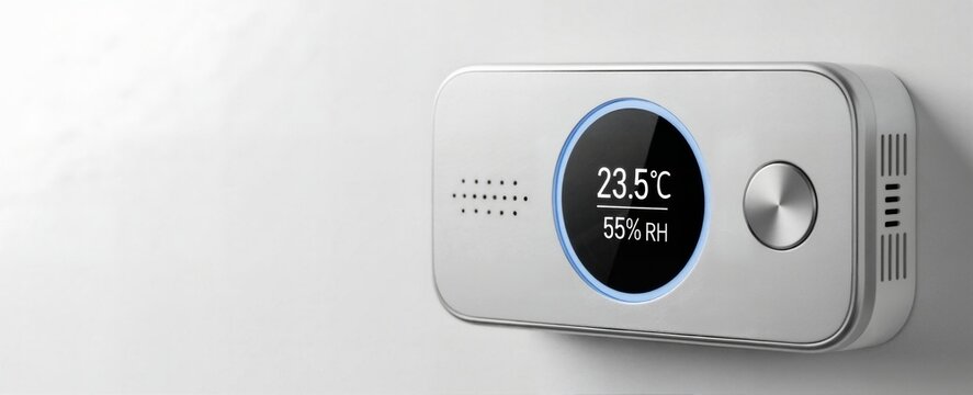 Smart thermostat mounted on white wall displaying temperature and humidity. Modern digital home automation device with copy space