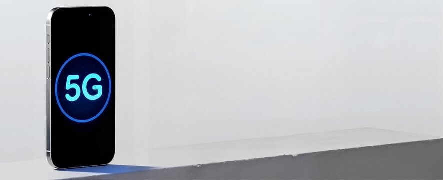 Smartphone displaying 5G network symbol on screen. Mobile technology concept with copy space. High speed internet connection background