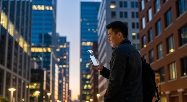 Young Asian man holding smartphone with WiFi icon in city at evening. 5G network connection concept. Urban male commuter searching for internet signal